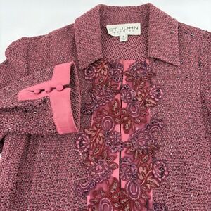 St John Evening Pink Knit Embroidered Beaded Shimmer Jacket 3/4 Size 2 Floral